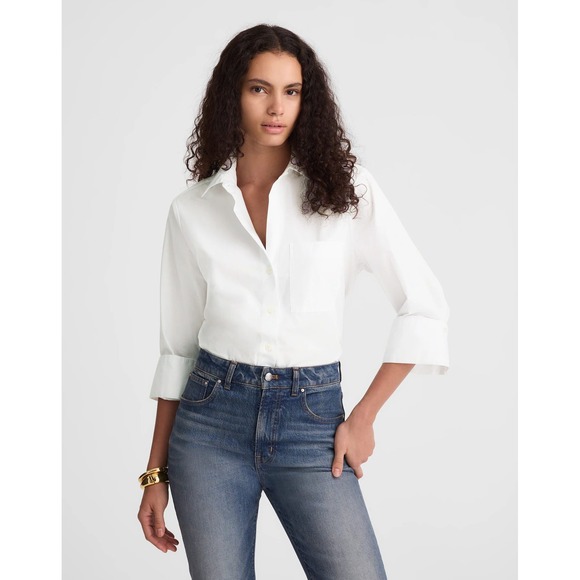 Madewell Tops - Madewell The Signature Y-Neck Shirt Poplin White Button Down Womens XL NX631